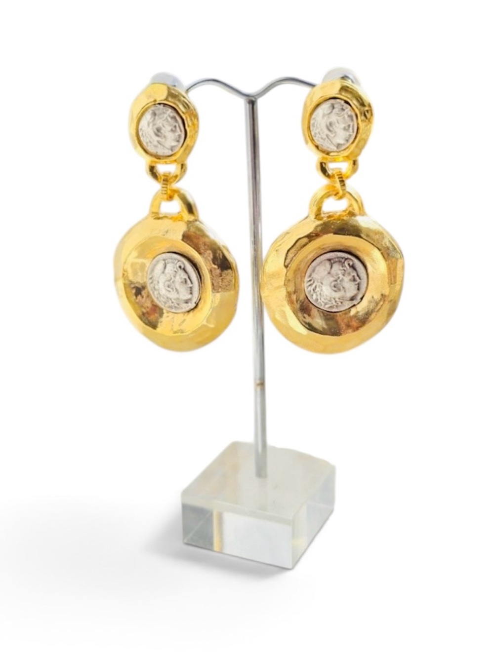 Two-tone Roman-style Coins Set, Hammered Gold tone frames, Brass w/gold plating